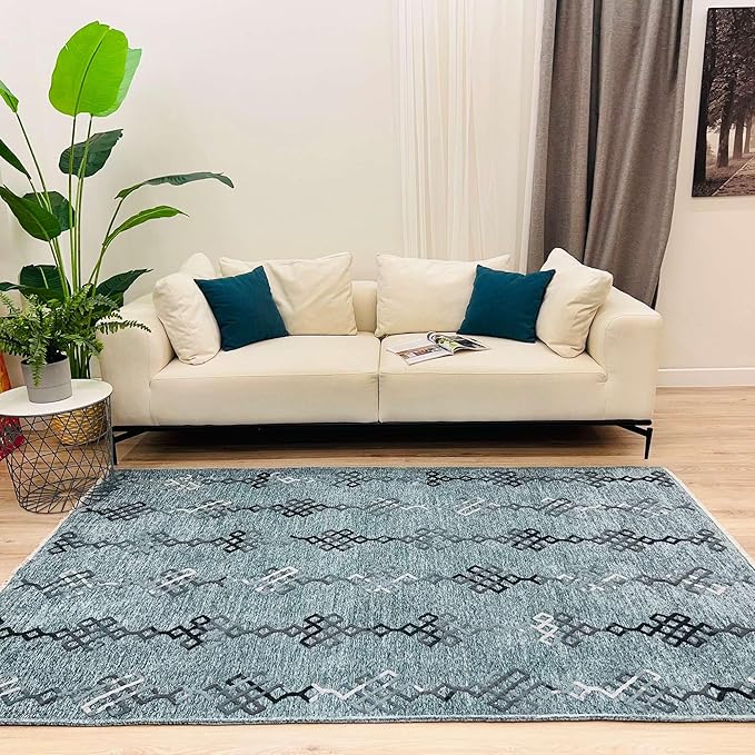 Alfa Rich 7x10 Bluish Gray Washable Area Rugs for Living Room Bedroom Kitchen Decor Cotton Rug