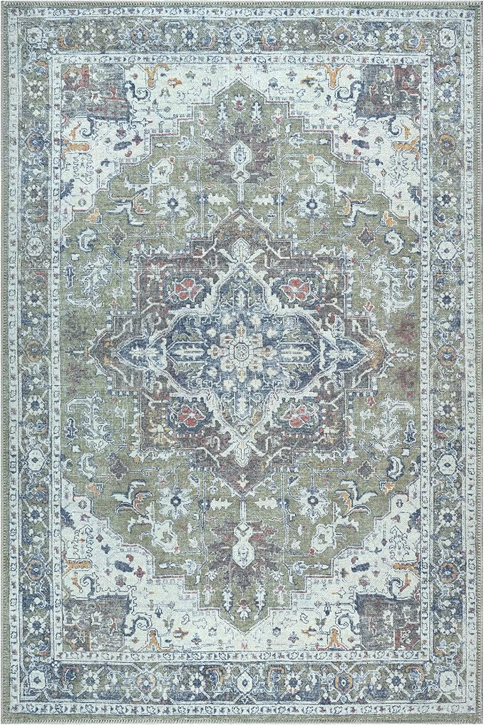 Bloom Rugs Washable Non-Slip 4' x 6' Rug - Green/Blue Traditional Medallion Area Rug for Living Room, Bedroom, Dining Room, and Kitchen - Exact Size: 4' x 6'