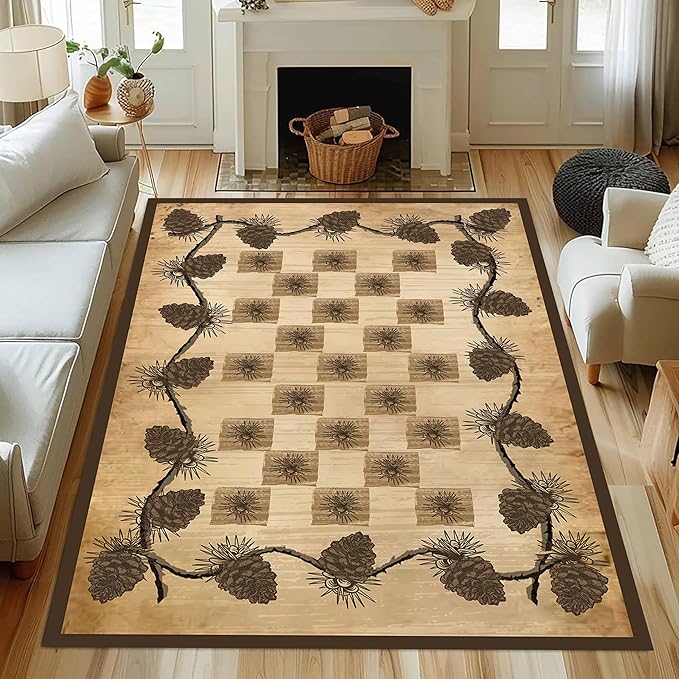 Vintage Plaid Area Rug 3x4ft Rustic Cabin Pine Cone Branches Lattice Pattern Rug Country Lodge Nature Plants Rugs, Soft Floor Rug Non-Skid Carpets for Living Room Farmhouse Indoor Floor Mat
