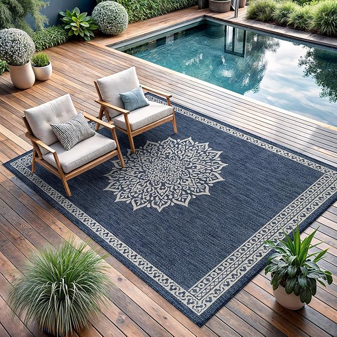 CAMILSON Outdoor Rug 6x9 Medallion Blue Modern Area Rugs for Indoor and Outdoor Patios Kitchen and Hallway Mats Washable Porch Deck Outside Carpet (Medallion Blue 6 x 9)