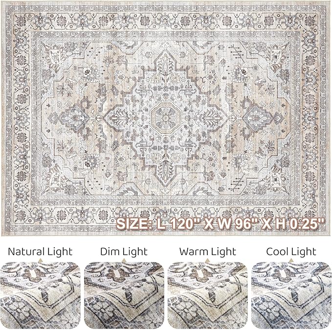 8x10 Area Rugs Living Room: Washable Boho Large Neutral Vintage Soft Rugs Stain Resistant Farmhouse Non Slip Indoor Floor Carpet for Bedroom Nursery Kids Playroom Office Dining Room Home- Ivory Gray