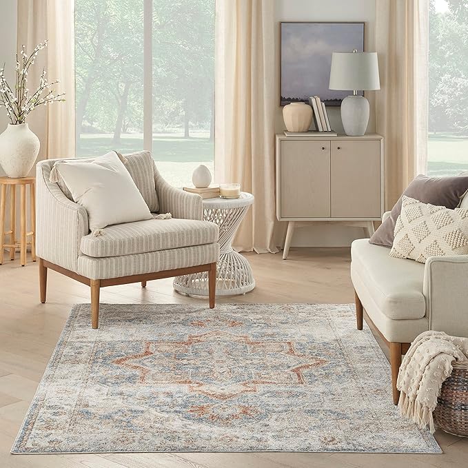 Nourison Home Astra Machine Washable Denim Multicolor 5'3" x 7' Area Rug - Easy Clean, Non Shedding, Bed Room, Living Room, Dining Room, Kitchen (5' x 7')