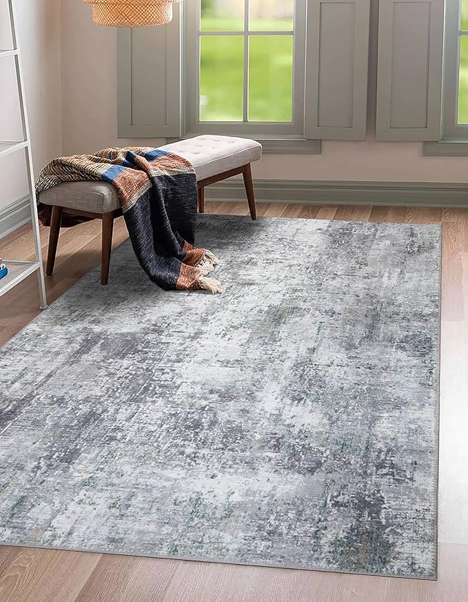 GLN Rugs Contemporary Collection - Machine Washable Area Rug, Contemporary Washable, Non Slip, Low Pile Chenille Rug, Living Room, Bedroom, Kitchen Rug (5' x 7' Grey/Green)