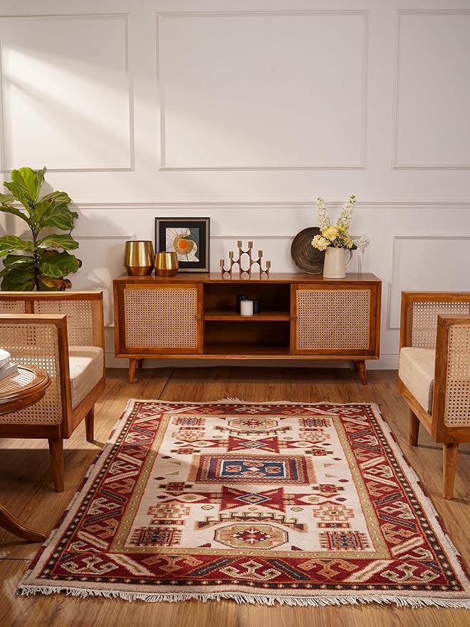 Hand Knotted Wool & Silk ECO-Friendly Oriental Area Rugs - 6'x9', Rectangle Shape, Cream Burgundy Color, Classic Oriental Traditional, Medium Pile Handmade Area Rugs (AF0102)