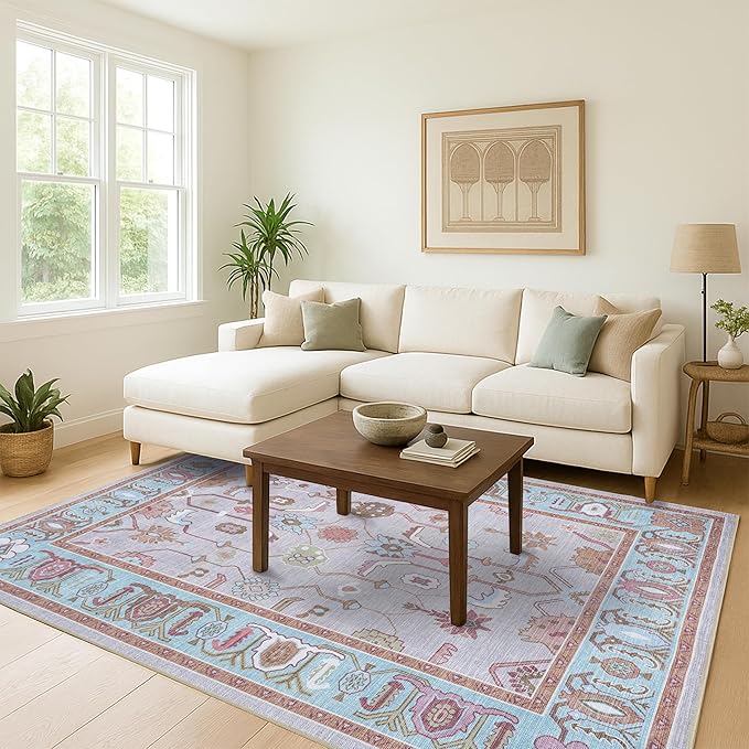 Fame Living Pink Oushak Rug, Modern Rugs, Vintage, Turkish, Eclectic, Floral, Pastel, Washable, Small Throw, Accent Area Rug for Living Room, Bedroom, Kitchen, Bathroom, 2'5"x4'9