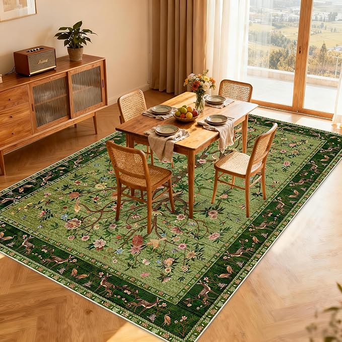 Green Rugs for Living Room 5x7 Area Rugs, Machine Washable Non-Slip Carpet, Boho Floral Low Pile Throw Rugs for Bedroom, Dining Room, Office, Nursery, Vintage Home Decor