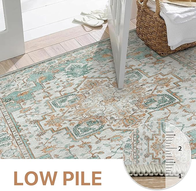GENIMO 2x4 Runner Rugs for Hallway, Machine Washable Non Slip Vintage Rugs, Low Pile Lightweight Soft Print Rug for enrtyway, Corridor, Home Office, Kitchen, Cyan