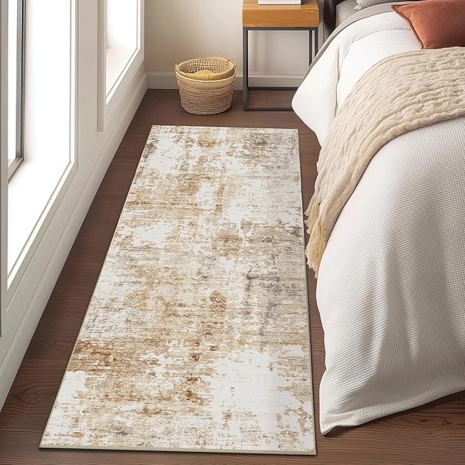 FMFUNCTEX 2x5 Runner Rug Washable Brown Grey Modern Abstract Neutral Non Slip Low Pile Entryway Hallway Soft Indoor Carpet for Kitchen Bedroom Bathroom Laundry Entrance Bedside Living Room, Grey Gold