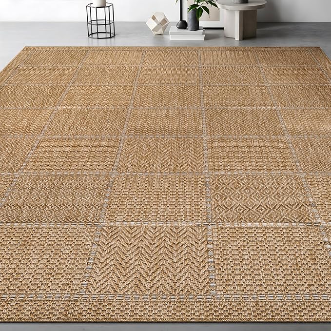 Beverly Rug Easy Jute Checkered Squared Rug 9x12 Washable Large Indoor Outdoor Area Rugs for Living Dining Room Patio Office Stain Resistant Non Shedding Casual Indoor Outside Carpet 9 x 12 Natural