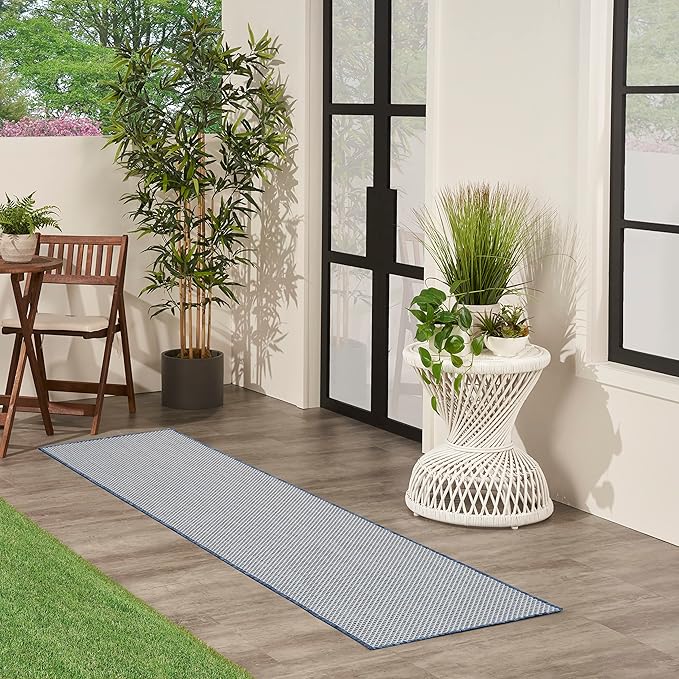 Nourison Home Courtyard Ivory Blue 2' x 6' Area Rug - Easy Clean, Non Shedding, Bed Room, Living Room, Dining Room, Kitchen (6' Runner)