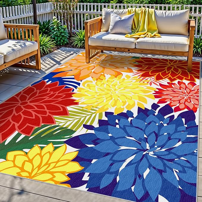 Colorful 3x5 Washable Rug for Living Room Tropical Botanical Modern Floral Chenille Area Rugs Low Pile Non Slip Carpet for Patio, Bedroom, Laundry, Rainbow