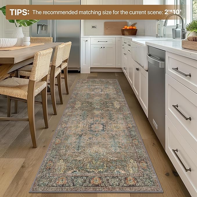 Bavni Runner Rug, Machine Washable Rugs for Bedroom 2x5, Non Slip Boho Rugs with Rubber Backing, Ultra-Thin Folable Rug Runner for Hallways Bathroom, Olive Green