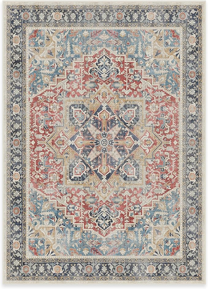 RUGGABLE Washable Vintage Area Rug – Kamran Cayenne Red 5x7, Stain-Resistant, Non-Slip – Medium Machine Washable Rugs for Living Room, Bedroom, Hallway, Entryway & Office–with Standard Pad