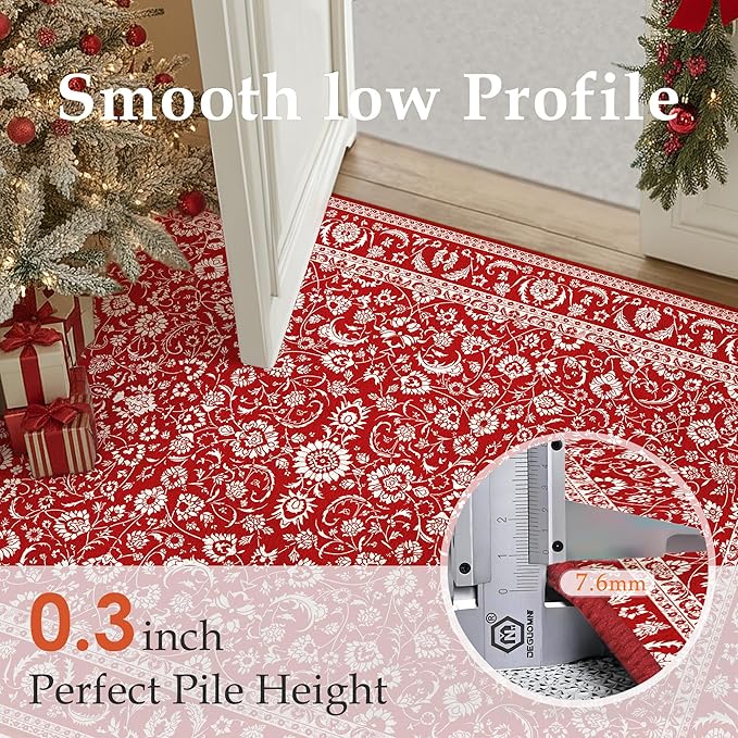HUGEAR Christmas 5x7 Machine Washable Rugs Red Hallway Area Rug Indoor Accent Rug Floral Low Pile Carpet Soft Throw Aesthetic Rug Bedroom Living Room Office Dining Room Kitchen Laundry Room Non Slip