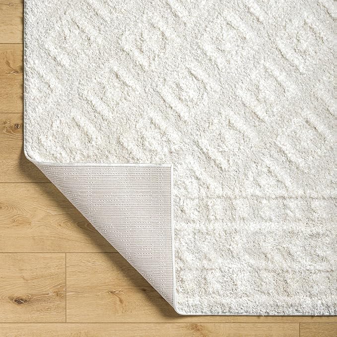 Hauteloom Tilos Moroccan Farmhouse Small Shag Area Rug Door Mat - Shaggy Carpet - Trellis Pattern - High Plush Pile - Cream, Pink, Beige - 2' x 3'