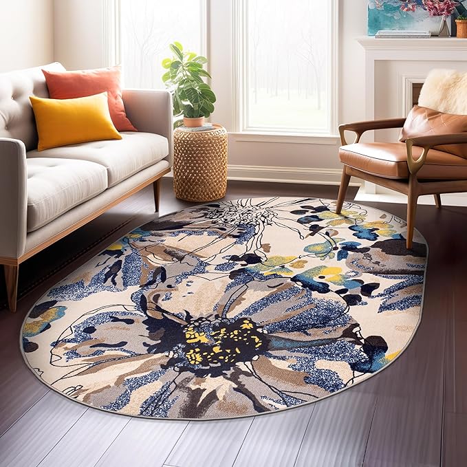Rugshop Cream Bright Flowers Non Slip Non-Shedding Oval Area Rug for Dining Room, Living Room and Bedroom, 5' x 7'