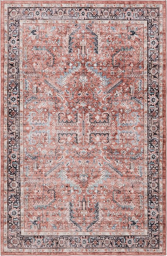 GLN Rugs Traditional Collection - Machine Washable Area Rug, Traditional Washable, Non Slip, Low Pile Chenille Rug, Living Room, Bedroom, Kitchen Rug (5' x 7' Terra/Multicolor 1168)
