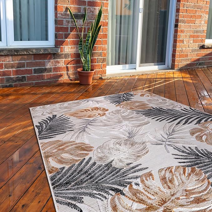 CAMILSON Indoor Outdoor Rug, Yellow 5x7 Leaf Tropical Botanical Area Rugs for Indoor and Outdoor patios, Easy-Cleaning Non-Shedding Living Room, Garden and Kitchen Washable Outside Carpet (5 x 7)