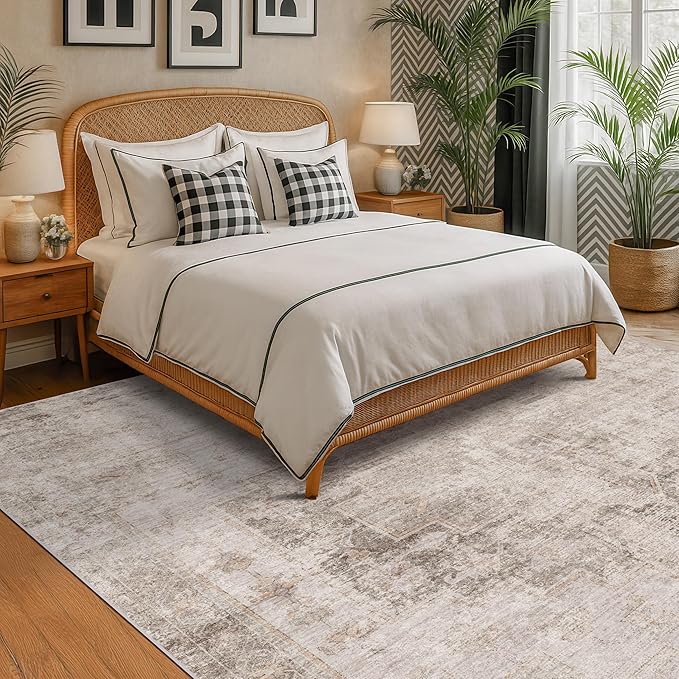 Distressed Farmhouse 5x7 Washable Rug for Living Room, Bedroom, Foyer, Under Dining Table, Neutral Abstract Medallion, Ultra Soft Faux Wool Non Slip Low Pile Stain Resistant, Beige & Brown