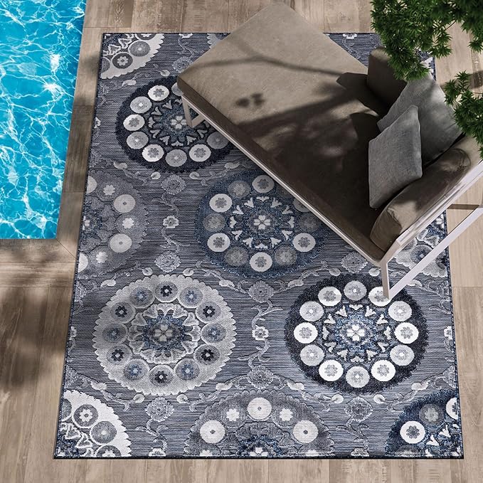 CAMILSON Indoor Outdoor Rug 10x14 Bohemian Medallion Floral Area Rugs for Indoor and Outdoor Patios Easy-Cleaning Non-Shedding Living Room Garden and Kitchen Washable Outside Carpet (10 x 14 / Navy)