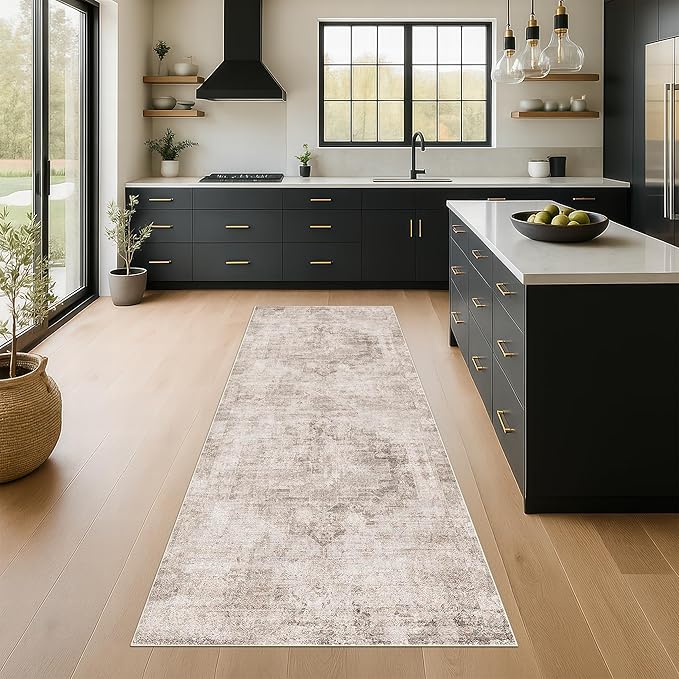 Beige Brown 2'6''x8' Wide Hallway Runner Rug - Washable Kitchen Sink Rug, Non Slip 8ft Long Runner Rug for Entryway, Abstract Modern Home Décor