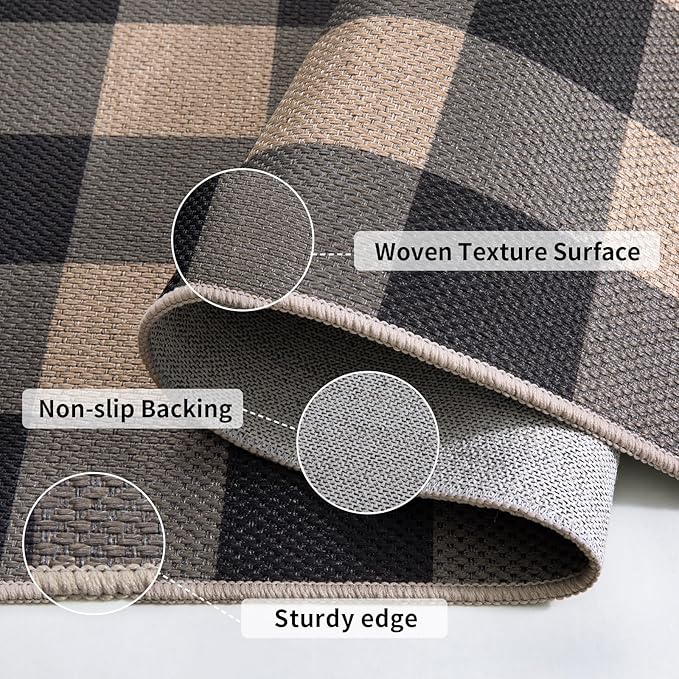 Tangsoo Checkered Easy Jute Rug, 2x3 Washable Ultra Thin Rug for Entryway Non-Slip Black Grey Outdoor Rug,Modern Front Door Mat Carpet for Kitchen Bedroom Porch Doorway