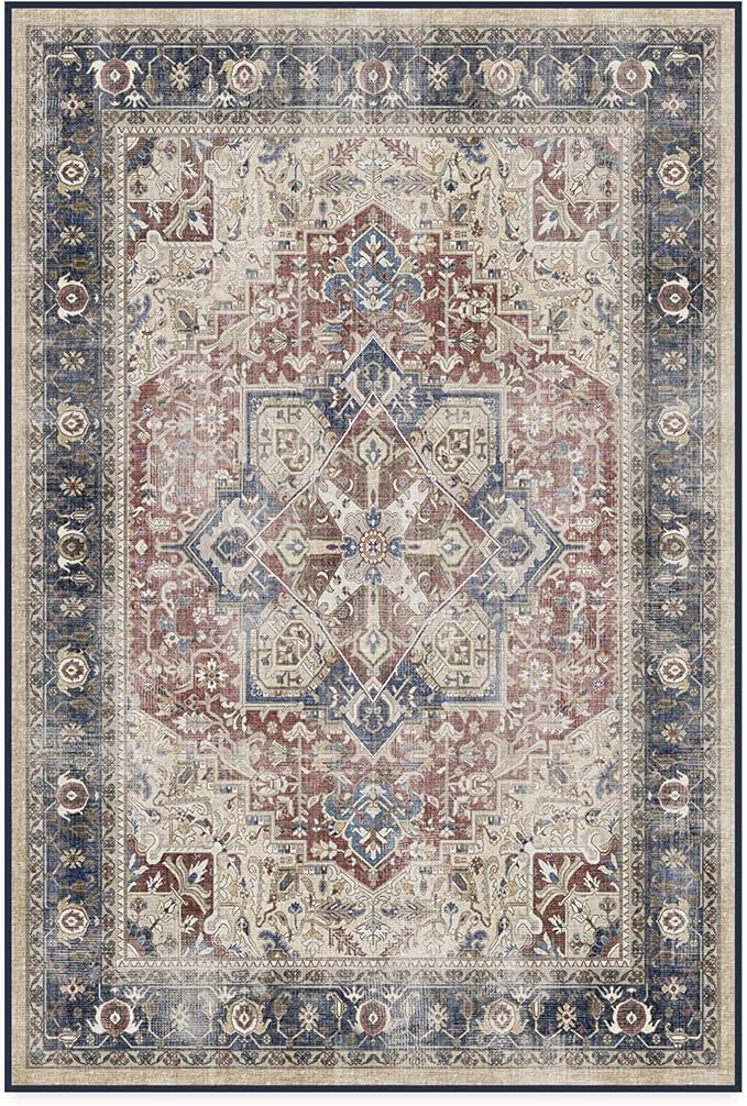 RUGGABLE Washable Area Rug – Kamran Royal Blue 4x6, Stain-Resistant, Non-Slip – Medium Machine Washable Rugs for Living Room, Bedroom, Hallway, Entryway & Office–with Cushioned Pad