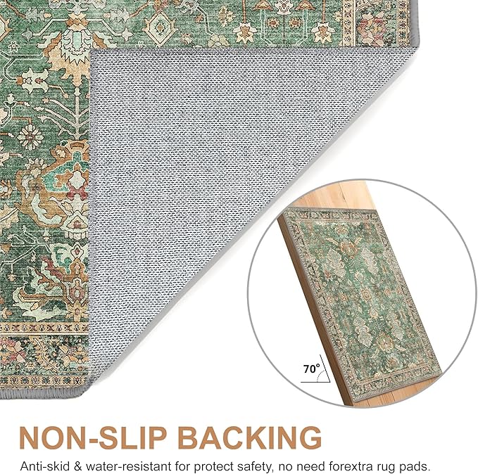 Bavni Washable Rug-9x12 Area Rugs for Bedroom Non-Slip, Ultra Thin Low Pile Living Room Rug, Modern Printed Decorative Rug for Dinning Room Office, Sage/Gold