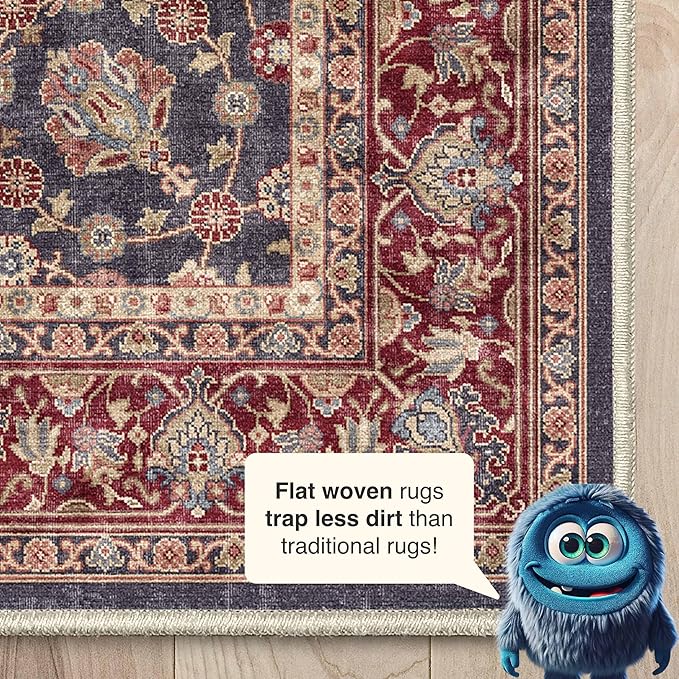 Well Woven Asha Rome Navy Blue Red 3'3" x 5' Area Rug - Oriental Floral Pattern, Easy Clean, Floor-Friendly Backing - for Living Room, Bedroom, and Dining Room