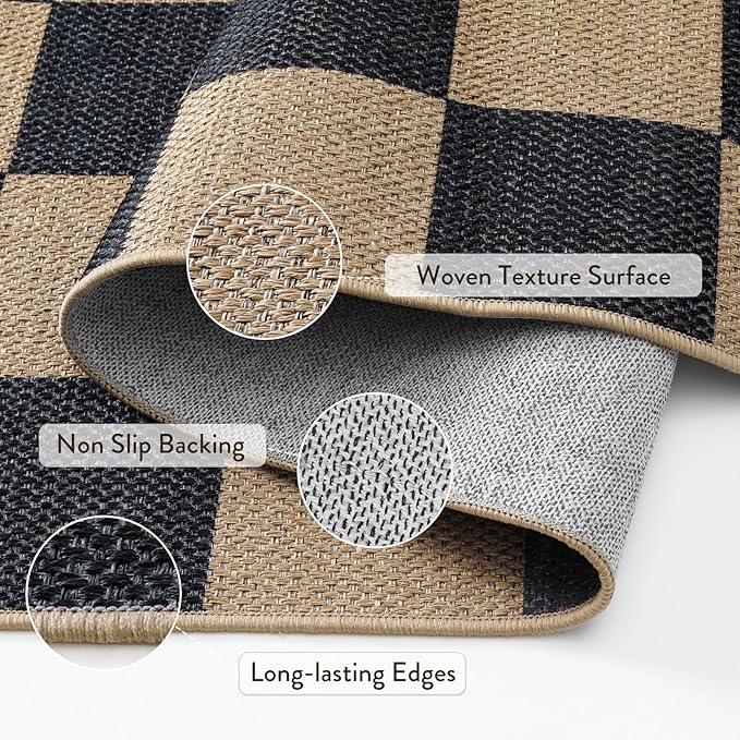Lahome Checkered Easy Jute Carpet, 3x5 Outdoor Patio Rug Washable Rugs for Entryway Checkerboard Indoor Outdoor Living Room Classroom Carpet, Farmhouse Neutral Non Slip Black Door Mat for Bedroom