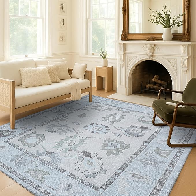 Fame Living Cream Beige Oushak Rug, Modern Rugs, Vintage, Turkish, Eclectic, Floral, Pastel, Washable, Small Throw, Accent Area Rug for Living Room, Bedroom, Kitchen, Bathroom, 2'5"x4'9"