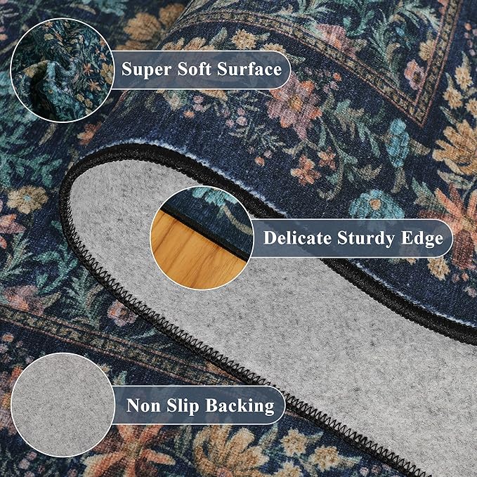 DUKINO 2.6x8 Runner Rug for Hallway, Washable Vintage Floral Kitchen Rug with Non Slip Backing, Soft Low Pile Throw Carpet Runner for Kitchen, Laundry, Hallway, Bathroom, Dark Blue