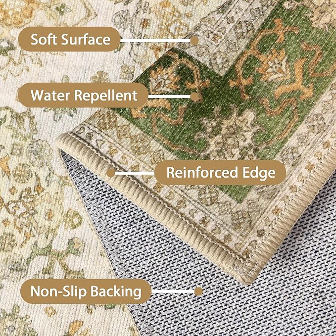 8x10 Area Rug Machine Washable Boho Rug for Living Room,Ultra-Thin Low Pile Carpet,Lightweight Indoor Printed Rug,Non Slip Floral Area Rug for Bedroom, Dining Room, Home Office,Green