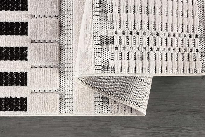 CAMILSON Modern Rug 9x12 Luxury Geometric Pattern Large Micro Loop Area Rugs Soft High-Low Pile Stain Resistant Easy to Clean Non-Shedding Durable Living Room Bedroom Indoor Carpet (White/Black)