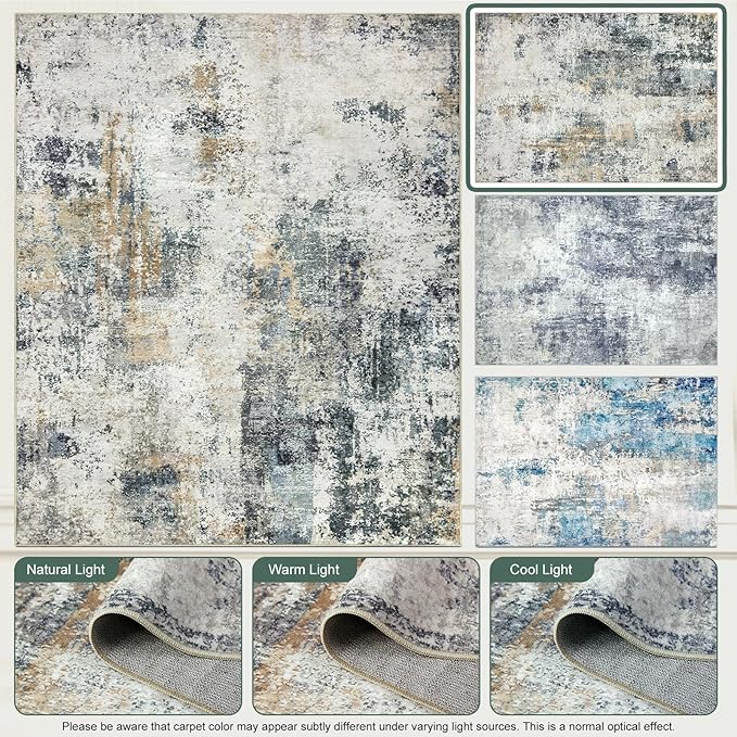 Washable Area Rug 5x7 - Neutral Modern Abstract Rugs, Soft Non Slip Thin Carpet with for Bedroom, Under Dining Room Table, Home, Office, Dorm, Office Rolling Chair - Green Yellow