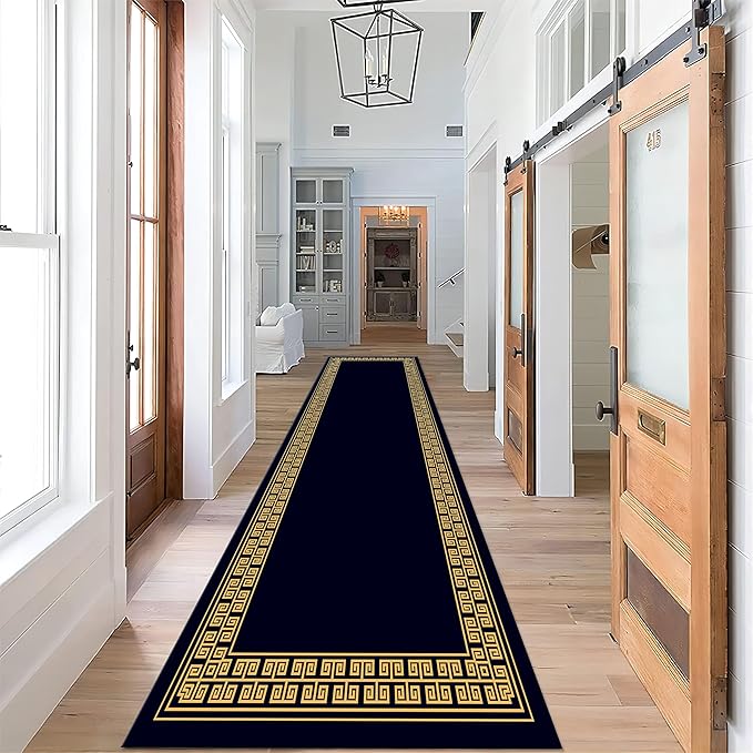 Modern Geometric Meandering Throw Carpet Runner for Entrance, 2x10ft, Orange Geometric Design Carpets for Entryway, Navy Blue Background Cozy Foldable Dirty Resistant Rug for Sofa Office