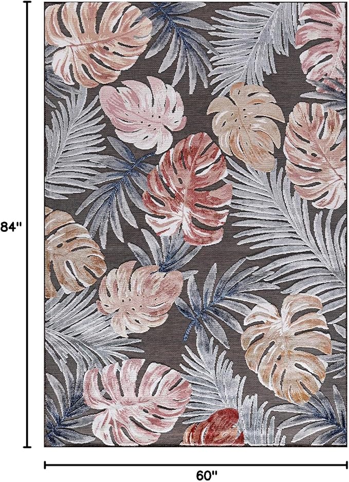 CAMILSON Indoor Outdoor Rug, Brown 5x7 Leaf Tropical Botanical Area Rugs for Indoor and Outdoor patios, Easy-Cleaning Non-Shedding Living Room, Garden and Kitchen Washable Outside Carpet (5 x 7)