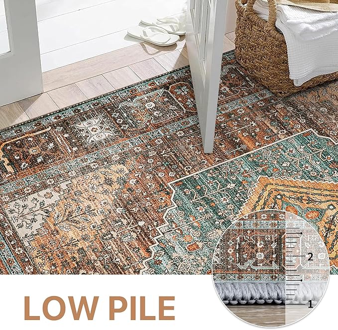 Bavni Runner Rug 2x10 Kitchen Rugs for Hallways Entryway, Washable Print Carpet, Low Pile Lightweight Rug with Non Slip Backing, Vintage Brown/Blue