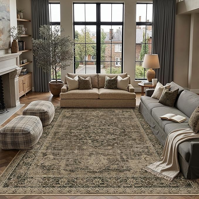 9x12 Washable Area Rug Brown Vintage Distressed Large Rug for Living Room Oriental Soft Thin Indoor Retro Carpet Non Slip Low Pile Floor Cover for Bedroom Dining Room Office Nursery