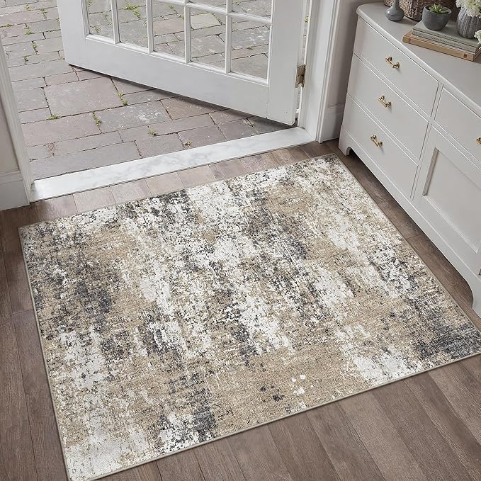 2x3 Abstract Area Rug Brown Washable Modern Entryway Carpet Non Slip Ultra Soft Neutral Low Pile Door Mat Contemporary Small Throw Rug for Bathroom Laundry Kitchen Dining Room