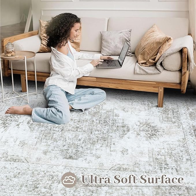 Entryway Rug 2x3 Vintage Rugs, Machine Washable Small Area Rug Retro Medallion Distressed Rugs Non-Slip Soft Low Pile Throw Rug for Entryway Bedroom Bathroom Hallway Kitchen(Taupe,2'x3')