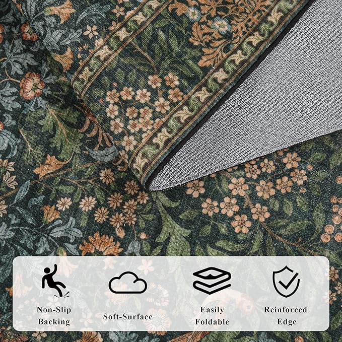 6x9 Floral Washable Area Rug for Living Room, Vintage Boho Rugs for Bedroom Dining Room, Botanical Birds Non Slip Low Pile Forest Throw Carpet for Farmhouse Office, Retro Gold/Green
