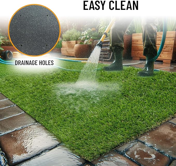 Ottomanson 6'6" x 21' Artificial Faux Grass Rug - Realistic Turf with UV Protection - Perforated for Easy Drainage - Durable, Hose-Off Synthetic Lawn Carpet for Indoor & Outdoor Use, Green