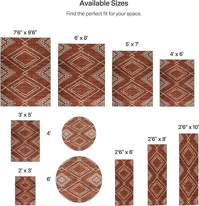 ReaLife Rugs Machine Washable Area Rug - Living Room Bedroom Bathroom Kitchen Entryway Office - Padded Low Pile Stain Resistant Premium - Moroccan Diamond Tribal - Jax - Orange 7'6" x 9'6"