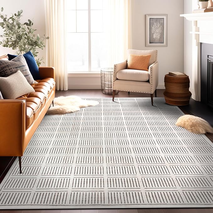 Rugshop Bohemian Stripe Lines Washable Non Slip Area Rug 8' x 10' Ivory