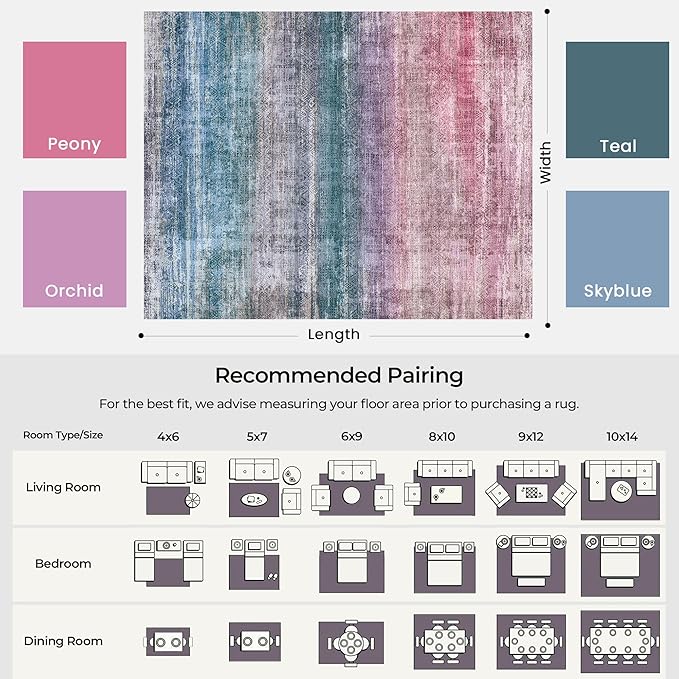 Kokia Abstract Area Rugs Boho Washable Distressed Retro Indoor 6x9 Rug Multicolor Low Pile Non-Slip Non-Shedding Red Carpet Bedroom Living Room Dining Room, Oslo Orchid