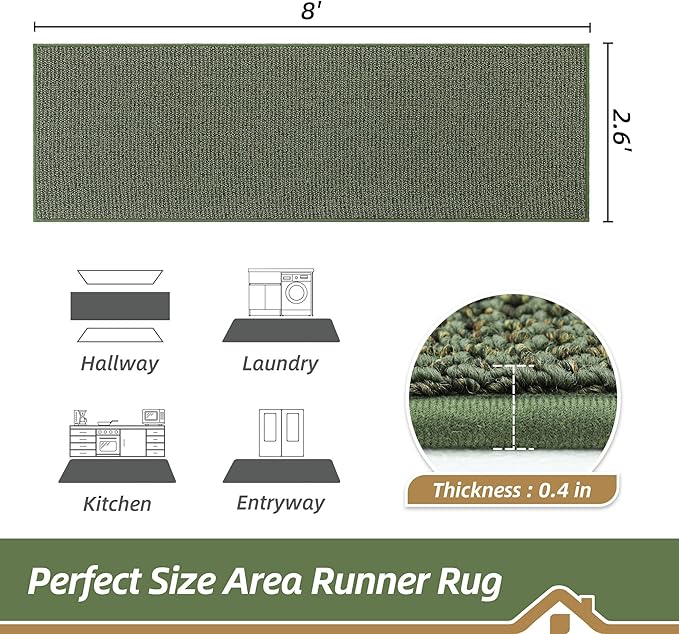 BEQHAUSE Hallway Runner Rugs 2.6x8, Hallway Rug Non-Slip Washable(Rolled-Up NO Creases), Runner Rug Absorbent Stain Resistant Hall Rug Carpet Runner, Entryway Rugs Floor Mat Laundry Room Rugs, Green