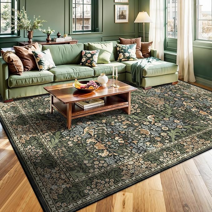 8x10 Floral Washable Area Rug for Living Room, Vintage Boho Large Rugs for Bedroom Dining Room, Botanical Birds Non Slip Low Pile Forest Throw Carpet for Farmhouse Office, Retro Gold/Green