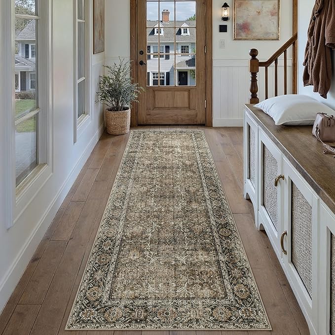 Brown Runner Rug 3x10 Vintage Area Carpet Hallway Long Indoor Kitchen Washable Living Room Low Pile Traditional Distressed Retro Accent Throw Rug Non Slip Laundry Bathroom Office Dining Room