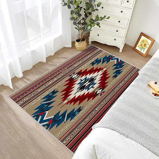 4x6 Rug Washable - Navajo Rug for Bedroom, Southwestern Tribal Ethnic Rustic Cabin Non Slip Low Pile Area Rugs for Living Room Laundry, Navajo Carpet Room Decor & Gifts